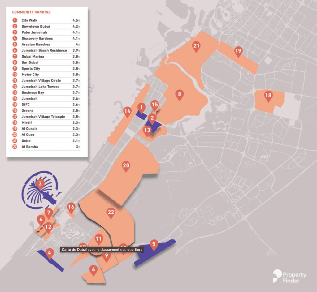 Carte des quartiers clés pour investir dans l'immobilier à Dubaï."