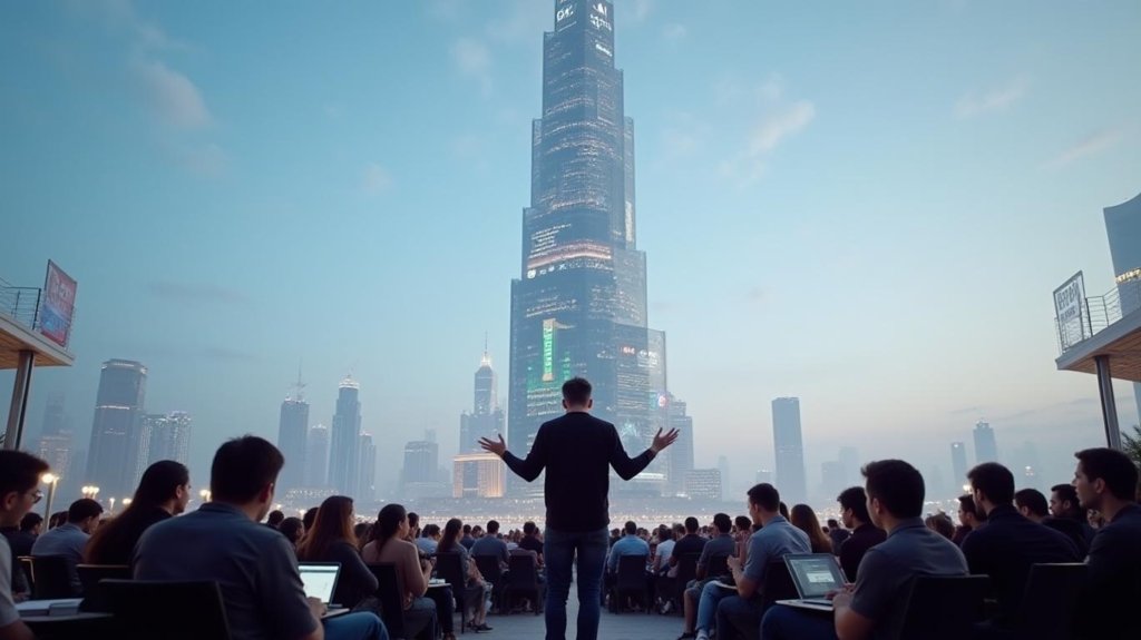 Un homme s'adresse à une foule en plein air, avec une vue imposante sur une tour moderne, évoquant une conférence inspirante.