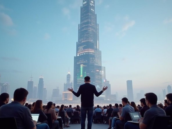 Un homme s'adresse à une foule en plein air, avec une vue imposante sur une tour moderne, évoquant une conférence inspirante.